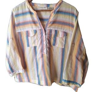 Lemon Grass Women's Striped Short Sleeve Button Up Shirt | Size XL